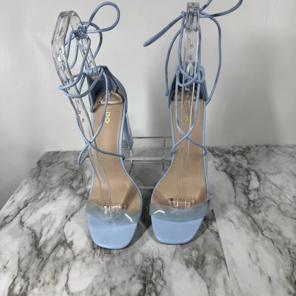 Aldo Onardonia Ankle Wrap Heels Blue Square Toe Clear Heel Glass Slipper Size 10 - Picture 3 of 13